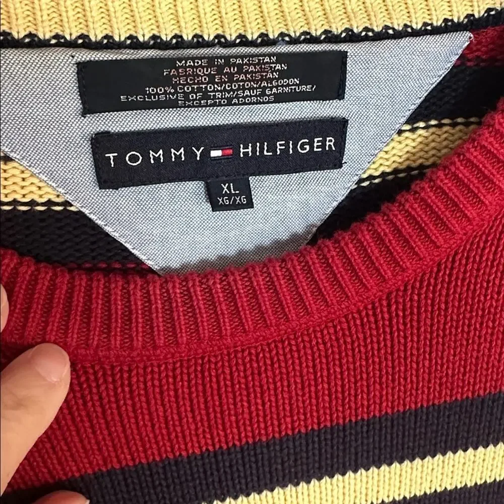 Vintage 90s Tommy Hilfiger Red Navy Striped Crewneck Sweater Collegiate Mens XL